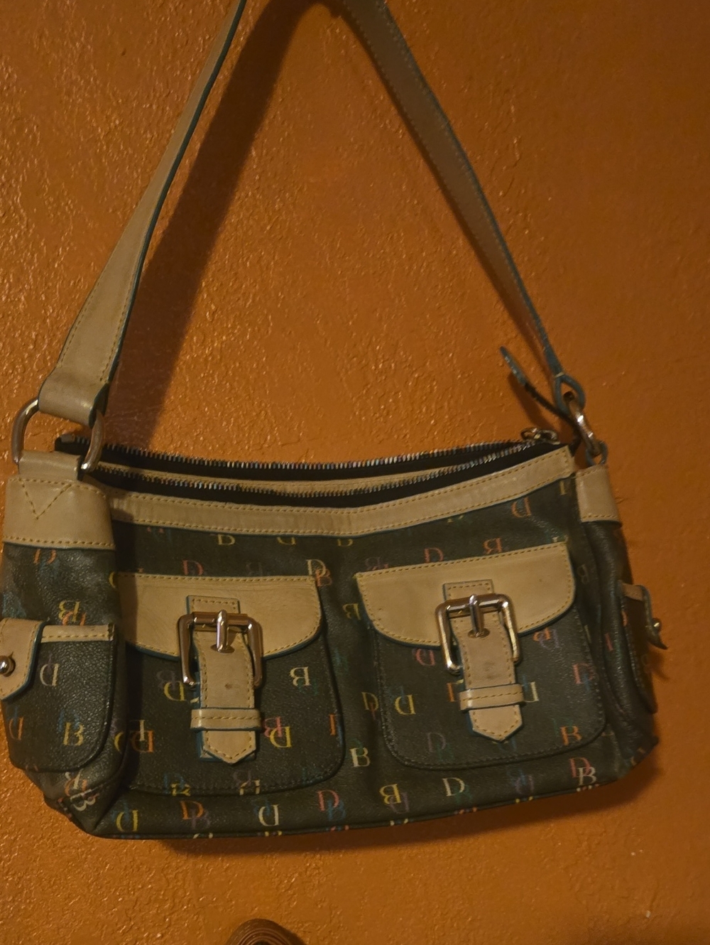 Dooney & Bourke Dark Green Multicolor D-Print Shoulder Bag with Tan Trim